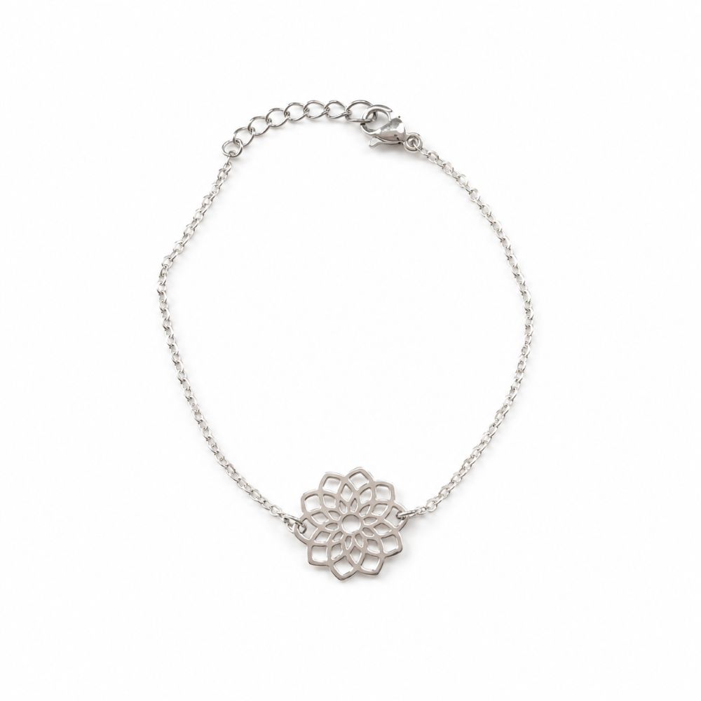 Bracelet Flora fleur en acier inoxydable argenté avec fermoir mousqueton.