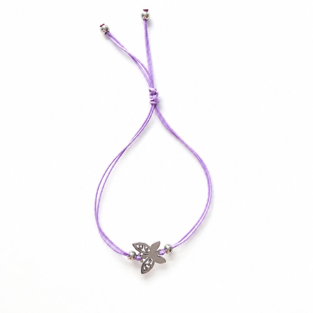 Bracelet enfant papillon Pina Minia en acier inoxydable argenté avec cordon violet ajustable.