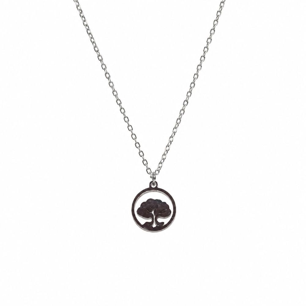 Collier Avara en acier inoxydable argenté avec pendentif Arbre de Vie rond.