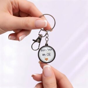 Porte-clé Belle-maman en or en acier inoxydable argenté avec cabochon en verre.