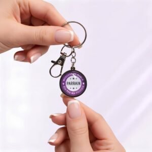 Porte-clé Meilleur Parrain du Monde élu par ma Filleule en acier inoxydable argenté avec cabochon en verre.