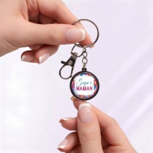 Porte-clé Super Maman en acier inoxydable argenté avec cabochon en verre.