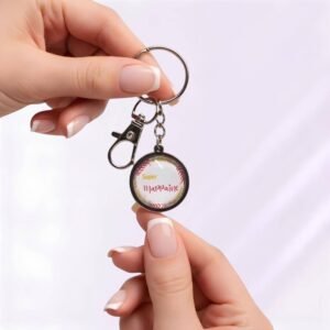 Porte-clé Super Marraine en acier inoxydable argenté avec cabochon en verre.