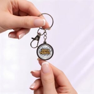 Porte-clé Super Parrain en acier inoxydable argenté avec cabochon en verre.