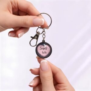 Porte-clé « Super tata » avec cabochon en verre argenté.