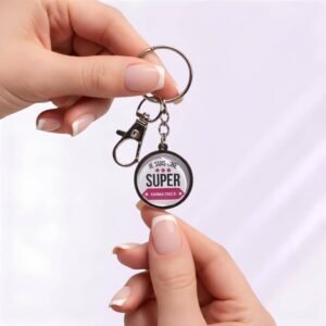 Porte-clé « Je suis une super animatrice » avec cabochon en verre argenté.