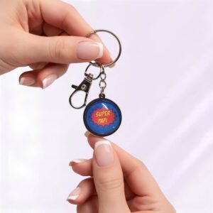 Porte-clé « Super papi » avec cabochon en verre argenté.