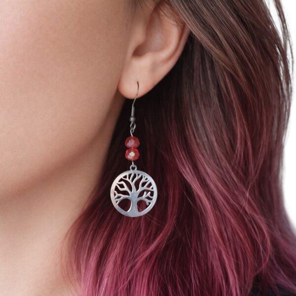 Boucles d’oreilles arbre de vie et perle en verre rouge Floya Boutique