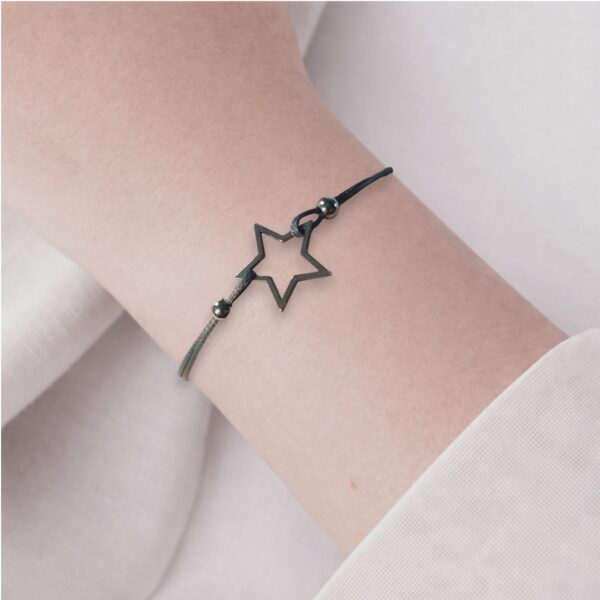 Bracelet étoile femme en coton ciré gris avec double étoile argentée ajustable