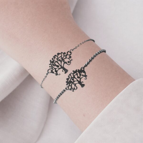 Bracelet arbre de vie femme en acier inoxydable disponible en maille fine et lien coulissant ajustable