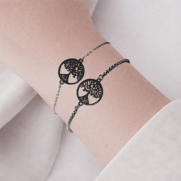 Bracelet arbre de vie femme en acier inoxydable disponible en maille fine et lien coulissant ajustable