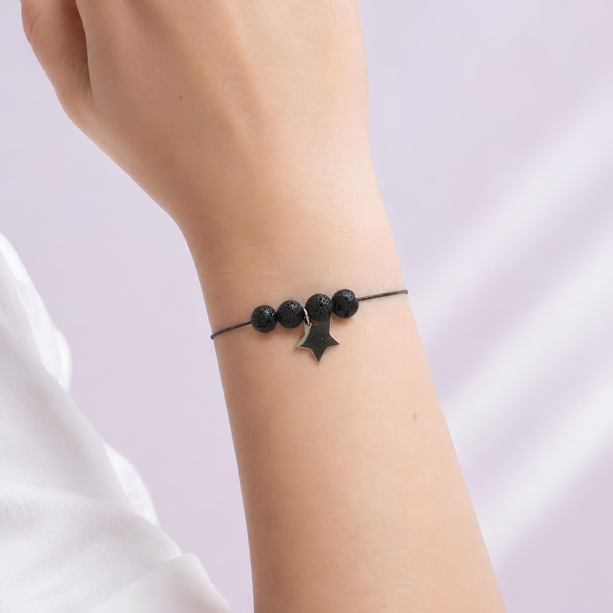 bracelet pierre de lave femme noir étoile acier inoxydable