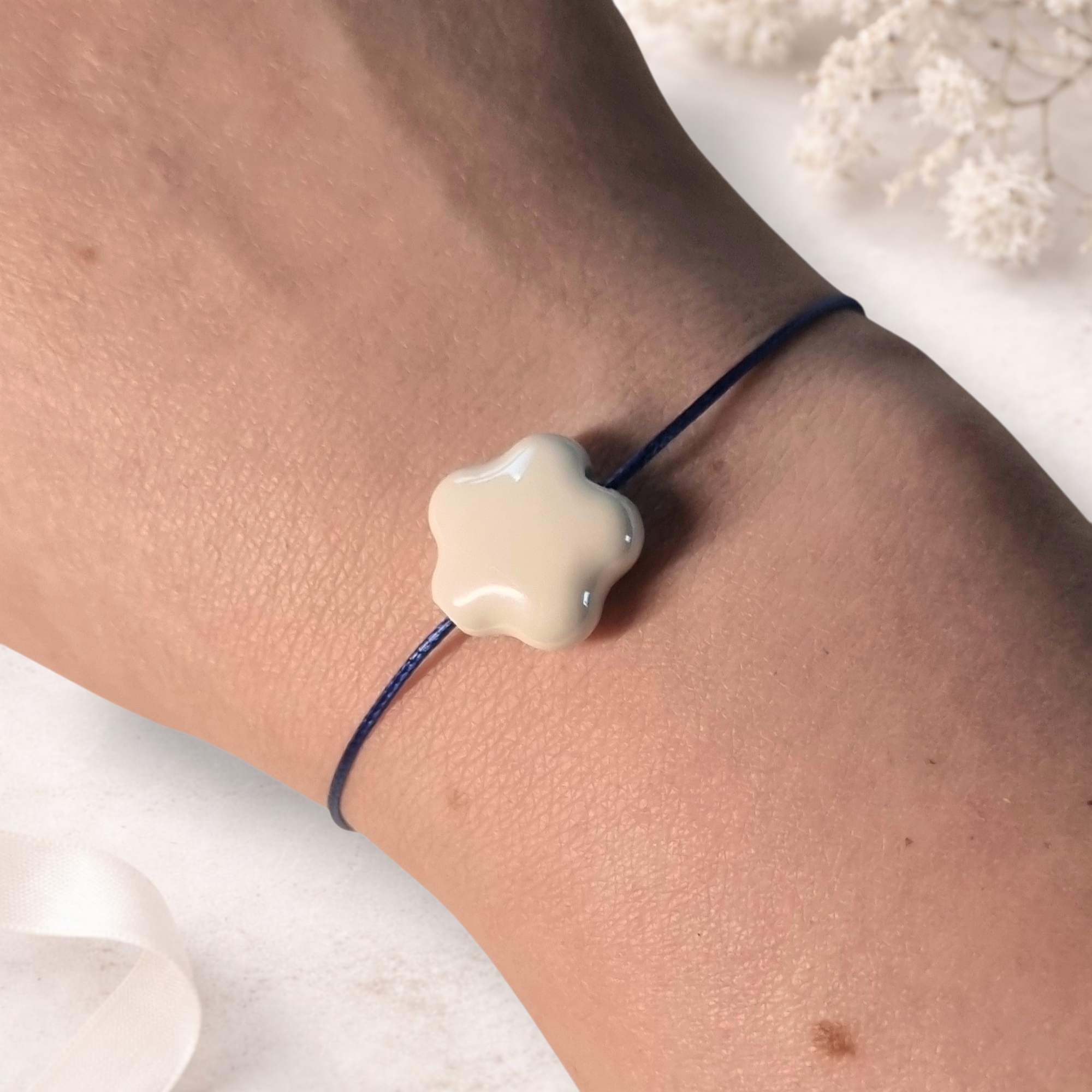 Bracelet Étoile en Céramique en acier inoxydable fil coton ciré bleu, réglable, fait main