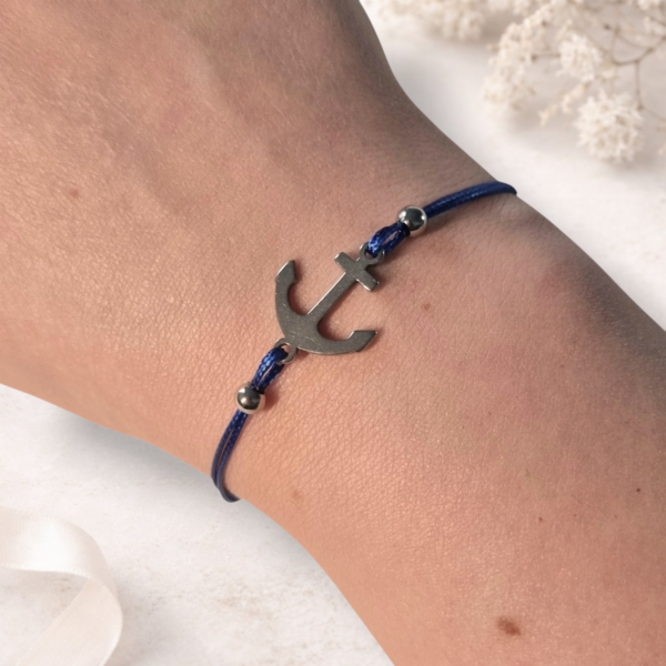 Bracelet Ancre Marine en acier inoxydable et fil coton ciré bleiu – Floya Boutique