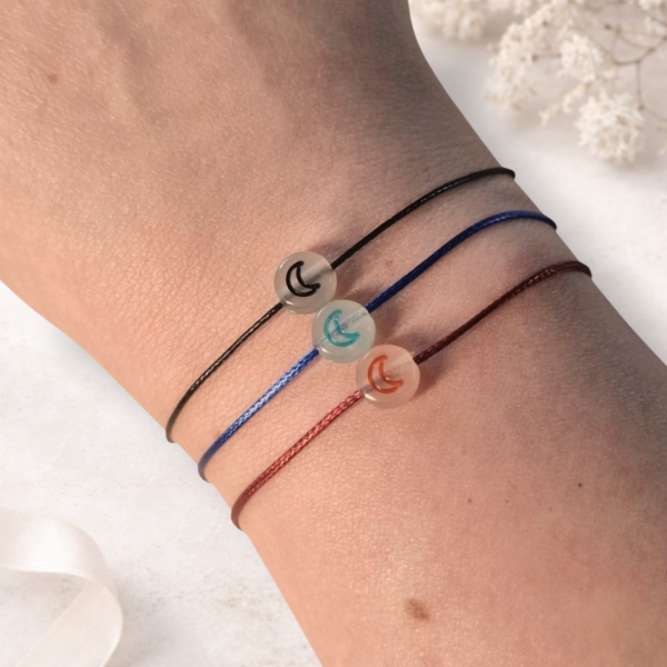 Bracelet Lune Phosphorescent Enfant en acier inoxydable et fil coton ciré multicolore – Floya Boutique