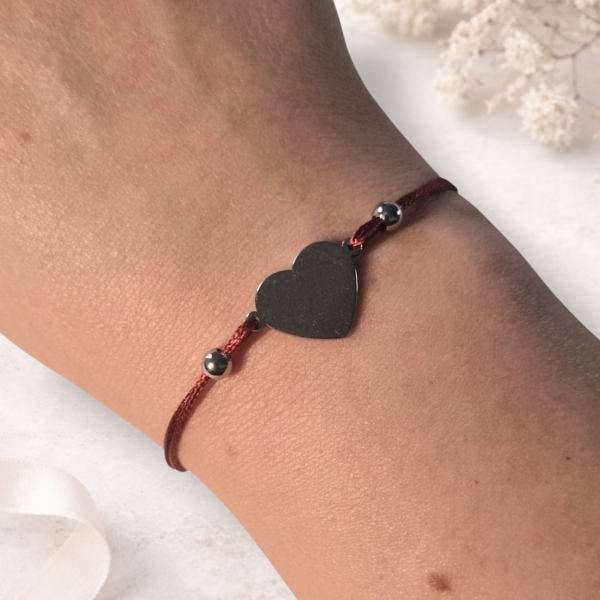 Bracelet Cœur Enfant en acier inoxydable et fil coton ciré bordeaux – Floya Boutique