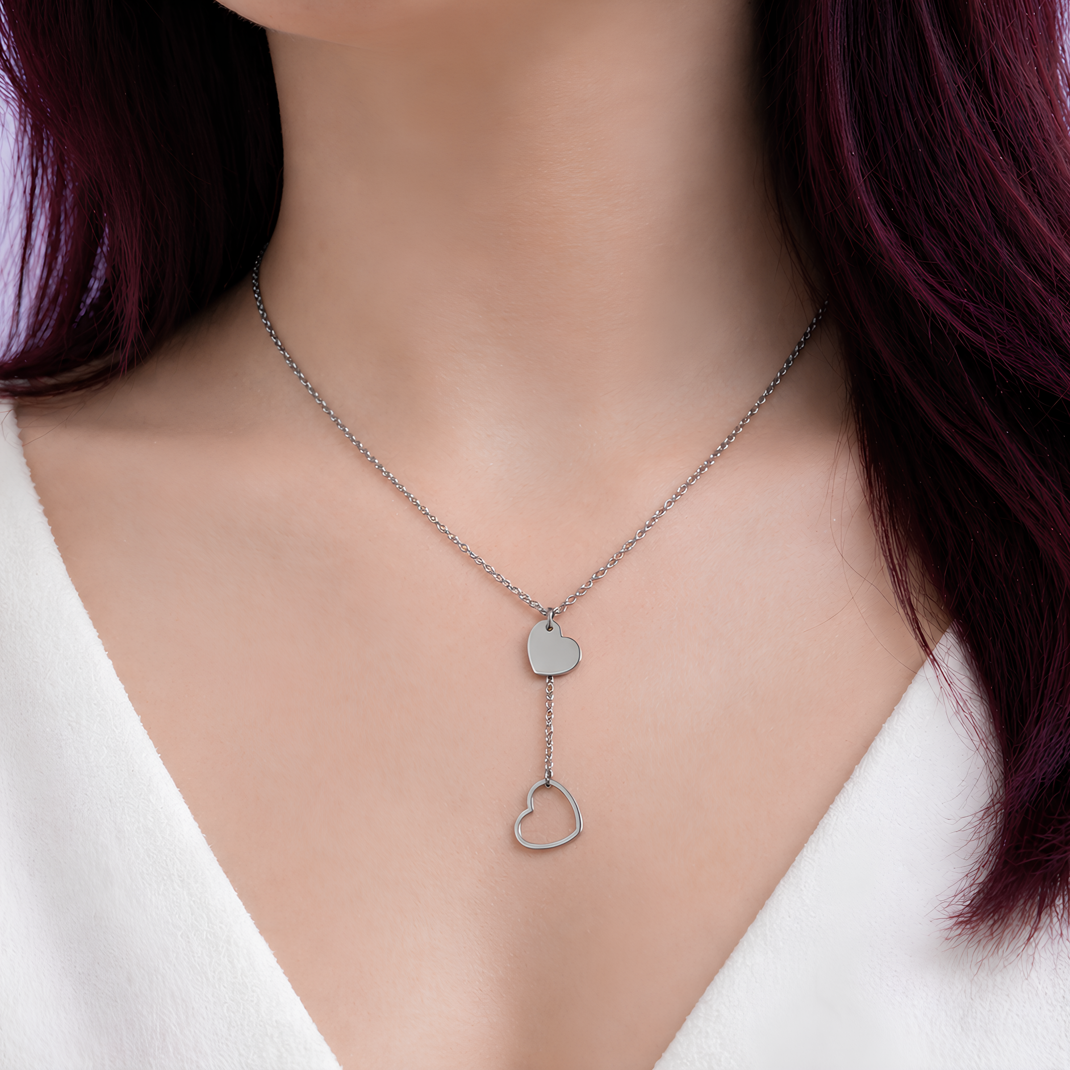 collier double cœur acier inoxydable femme pendentif