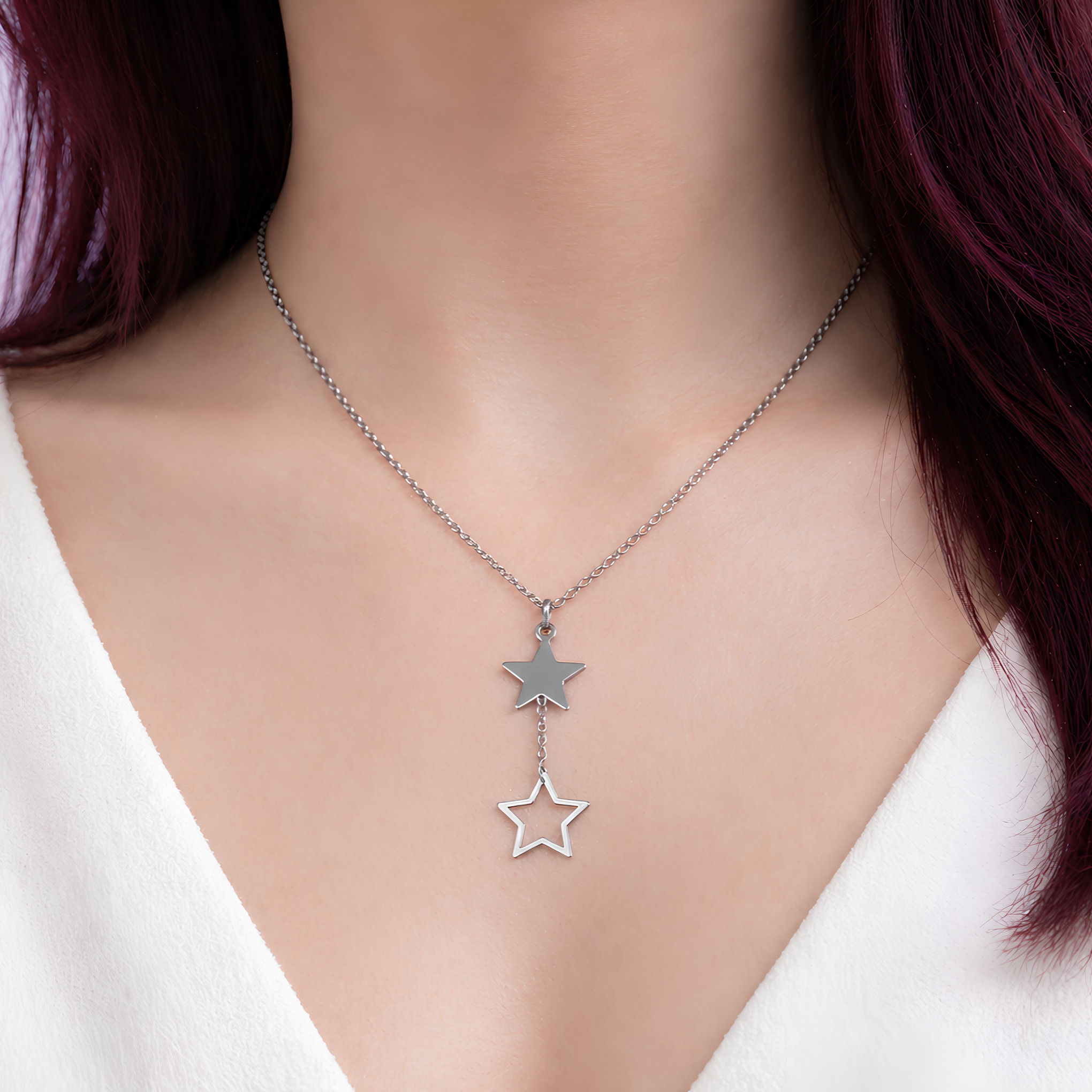 collier double étoile acier inoxydable femme